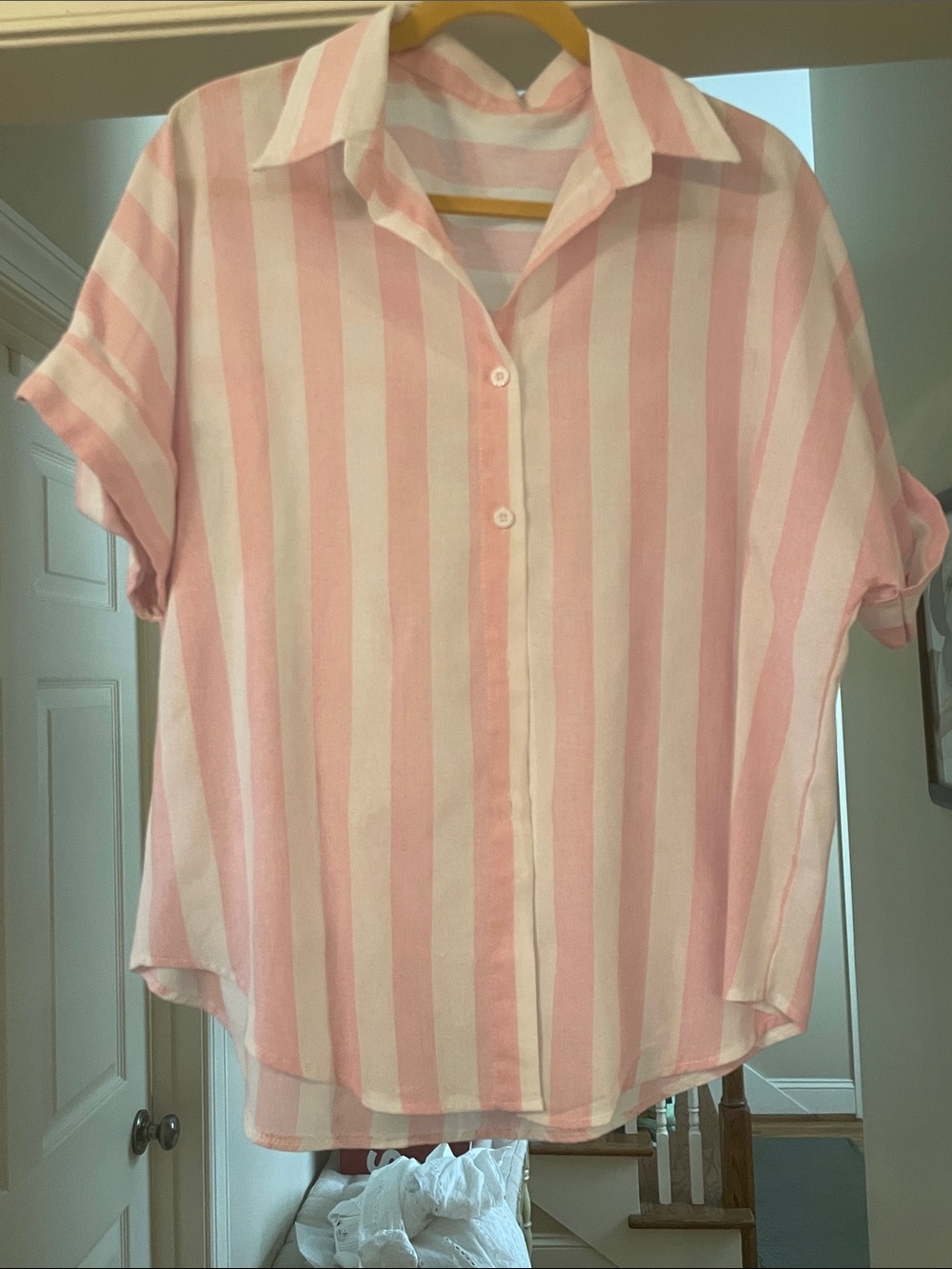 Pink and White Striped Button-Up Shirt XL